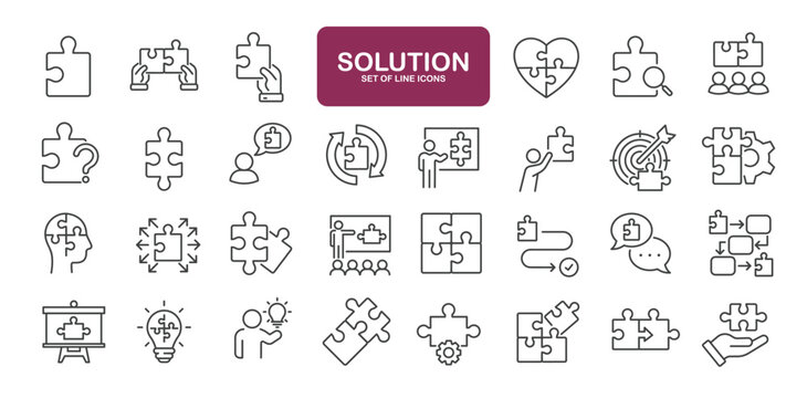 Set of line icons related to puzzle, jigsaw, solution. Outline icons collection