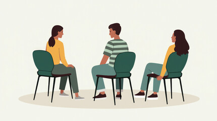 Fototapeta premium Three individuals seated on chairs in a semi-circle, having a dialogue, minimal graphic style, light background, concept of communication. Concept of support group