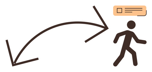 Person navigating pathway with large curved arrow and message bubble overhead. Ideal for communication, action planning, decision-making, task management, goal tracking, guidance, simplicity