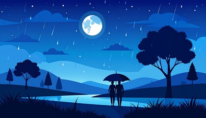 Couple beneath an umbrella in a serene, blue-toned, stylized landscape, with a full moon illuminating the night