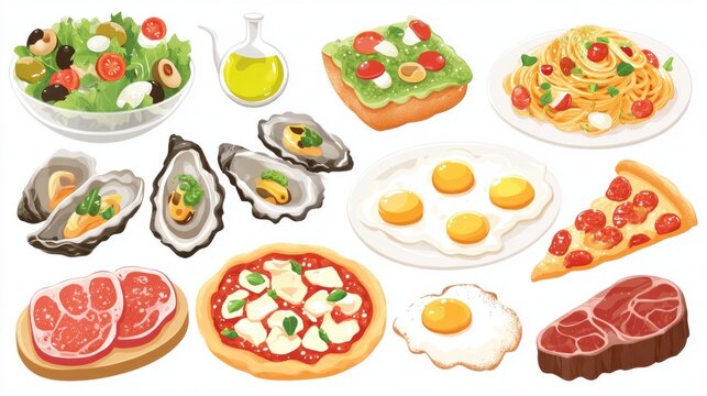 A delightful European lunch is displayed, showcasing a fresh salad with olives, pasta with sauce, crispy pizza, oysters, and various egg dishes. This colorful feast highlights diverse flavors