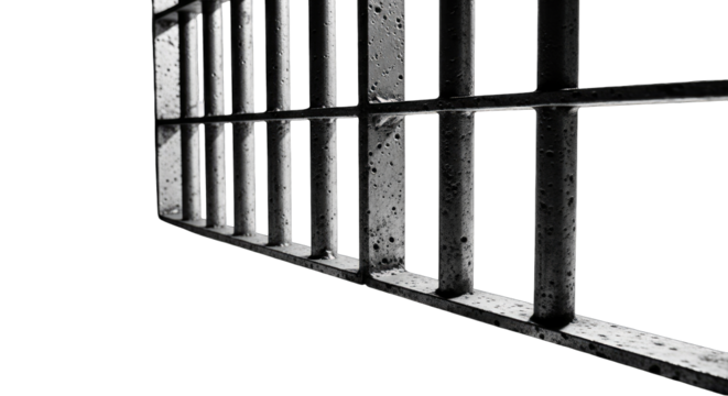 Close up of rusty iron prison bars with dramatic lighting and a dark background perfect for conceptual use