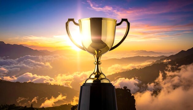 Golden trophy shining bright against a serene mountain landscape at dawn