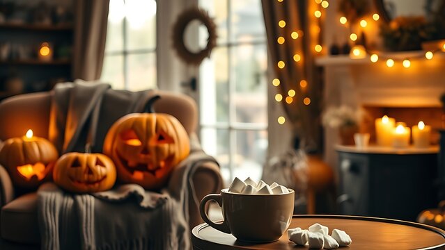 marshmallows. Cozy Halloween living room with friendly pumpkins and a warm mug of cocoa. menu design, packaging mockups, designed for food delivery and cloud-kitchen brand materials.