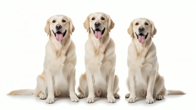 Three happy, light golden-furred dogs sit perfectly still in a pristine row against a pure white background, looking directly at the viewer with bright, open-mouthed smiles. Their attentive posture an