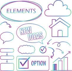 Colorful neon doodle icons with glowing rainbow outlines of checkmarks, arrows, frames, house, cloud, and playful elements