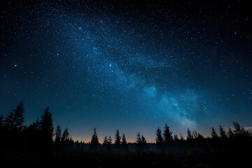 Naklejka premium Night Sky Milky Way Above Silhouetted Trees Dark Blue and Black Hues Atmospheric Celestial Landscape