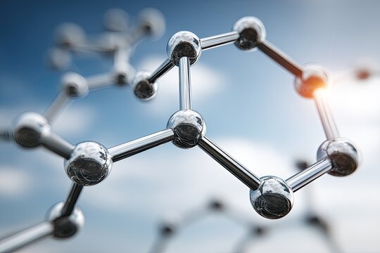 Metallic molecule model, bokeh, with soft sky background