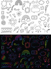 Dual style doodle set with expressive icons including arrows, rainbows, suns, clouds, stars, speech bubbles, and checkmarks.
