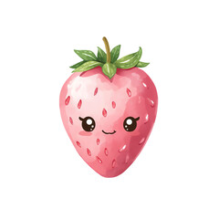 Cute Strawberry with a Friendly Smile: A cheerful watercolor illustration of a vibrant pink strawberry with endearing eyes and a delightful smile.