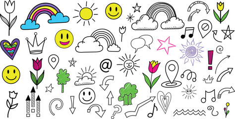 Cheerful doodle set with playful icons including rainbows, suns, clouds, smiley faces, hearts, crowns, tulips, music notes, stars, and speech bubbles.