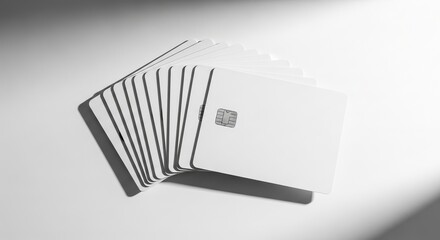 Stack of white credit cards on a white surface.