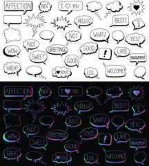 Hand drawn bold black outline speech bubbles with colorful text plus neon glow version for comics, social media, and messaging