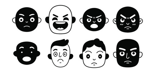 Expressive character faces showcase a range of emotions from joy to anger, perfect for creative projects and communication design