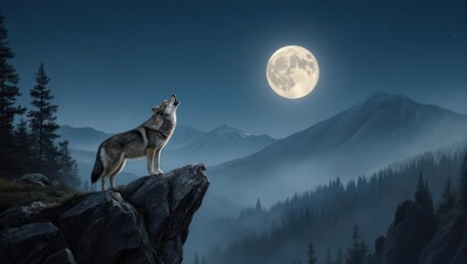 Lone wolf howling at the full moon on a mountain cliff at night.