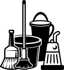 Cleaning day broom, bucket, vacuum, everyday life coloring book page silhouette  vector black , white background 