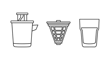 A collection of minimalist line art icons for coffee brewing, featuring a French press, a pour-over dripper, and a drinking glass. Vector symbols for kitchen and cafe concepts