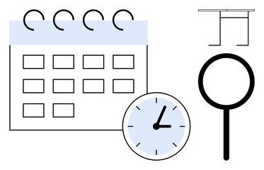 Calendar, clock, and magnifying glass signifying organization, time management, scheduling, research, productivity, event tracking task prioritization. Ideal for planning efficiency and simple
