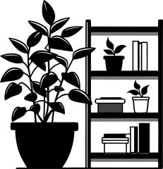 House plants and shelves, botanical home coloring book illustration silhouette  vector black , white background 