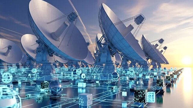 Vast Array of Satellite Dishes Under a Dramatic Sky with Glowing Digital Circuitry