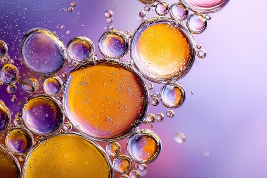 Abstract Macro Photography of Colorful Bubbles with Glitter Effect on a Soft Purple Background