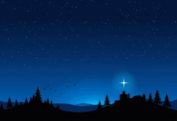 Christmas sparkling star in night sky is shining brightly over beautiful old town. Mockup for Christmas greeting cards and winter holiday designs. Copy space.