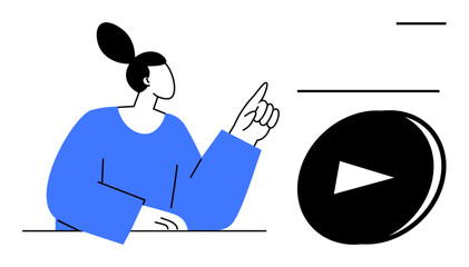 Female figure with raised hand pointing at a large play button. Ideal for digital learning, streaming, engagement, instruction, media consumption, guidance, or online tutorials. Simple flat metaphor