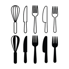 Modern kitchen essentials whisk fork knife icons set for culinary design and cooking inspiration