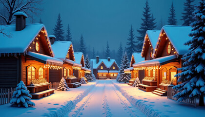 Fototapeta premium Magical Christmas night with decorated building. Cozy atmosphere of festive and tranquility. Mockup in vintage style for winter holiday designs, greeting cards. Copy space.