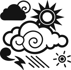 Weather icons—storm, sun, clouds, meteorology coloring book page silhouette  vector black , white background 