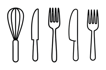 Dynamic kitchen essentials set featuring whisk, knives, and forks, perfect for culinary inspiration and food preparation visuals.