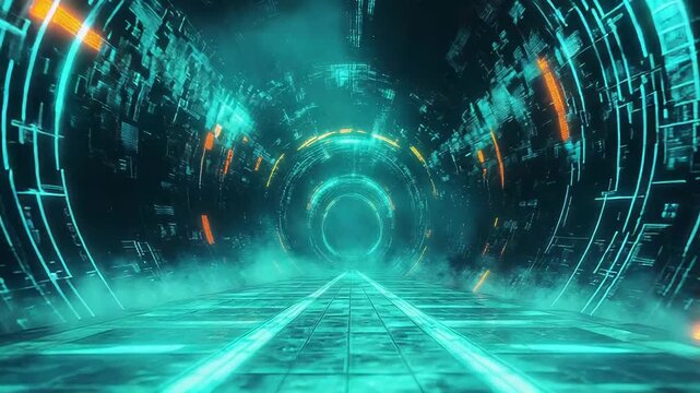 Futuristic digital tunnel background featuring glowing lines and fog