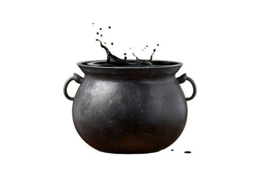 Black Cauldron with Boiling Liquid and Splashes for Halloween Decoration