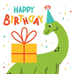 Birthday card with dinosaurs in flat vector style. Playful prehistoric scene with party elements for kids' celebrations. Perfect for invitations and greeting designs.Vector colorful illustration