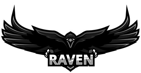Raven mascot logo design, black bird illustration, powerful wingspan, graphic emblem