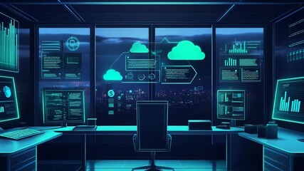 Data analysis dashboard showing global cloud computing network - Powered by Adobe