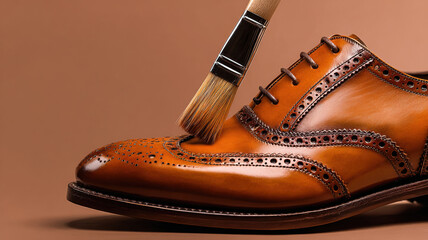 Leather shoe being polished with a brush, showcasing meticulous care and craftsmanship. The brown leather gleams, highlighting the intricate detailing and quality of the footwear.