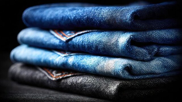 Close-up of folded denim jeans in various shades of blue and gray, stacked high