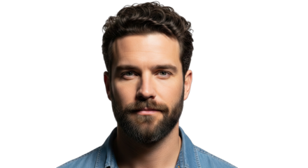 Close Up Portrait Of A Bearded Caucasian Man With Intense Blue Eyes And Short Brown Hair Wearing A Blue Denim Shirt Against A Black Background