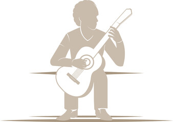 Silhouette musician playing acoustic guitar, seated, artistic illustration