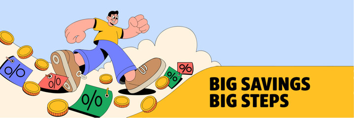 Obraz premium Exaggerated proportions character with huge legs running for discounts — shopping sale vector banner 