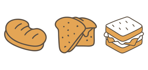 Delightful cartoon icons showcase a crusty bread loaf, stacked toasted bread slices, and a savory sandwich perfect for food blogs and cafe branding.