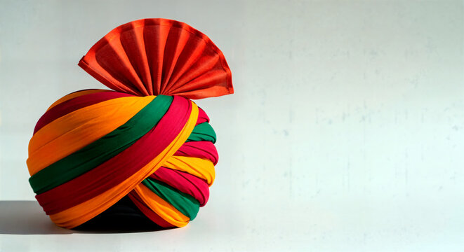 Colorful Indian pagri turban on a white background. Traditional Rajasthani safa headwear for weddings and festivals. Cultural accessory with copy space