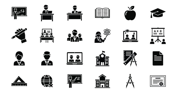 Teacher silhouette icon set. Vector pictograms of teaching, classroom instruction, education tools, learning guidance, training, and academic support solid illustration.