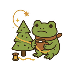 Obraz premium Cute Christmas Frog Decorating Tree with Cocoa Mug Illustration