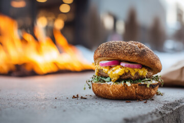 Delicious burger with melted cheese and fresh toppings near a lively outdoor fire