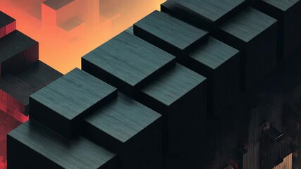 Abstract geometric cityscape blocks glowing red and orange - Powered by Adobe