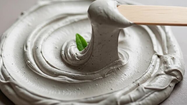 Light Gray Clay Swirl with Green Leaf and Wooden Spatula Textured Surface Subtle Lighting