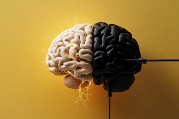 An artistic representation of a brain split into black and white halves, depicting the dual nature of human thought, creativity versus logic in a vibrant and electric manner.
