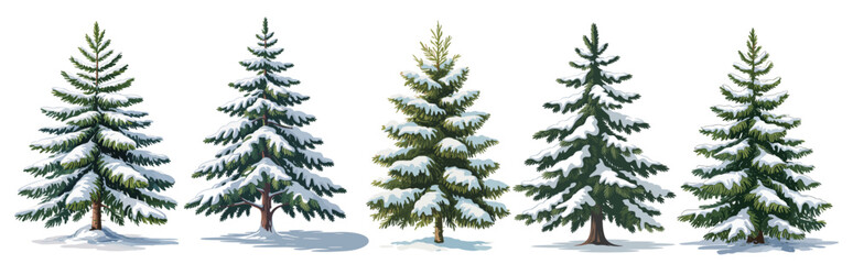 Set of Christmas tree covered by snow. Watercolor style vector illustrations isolated on transparent background
